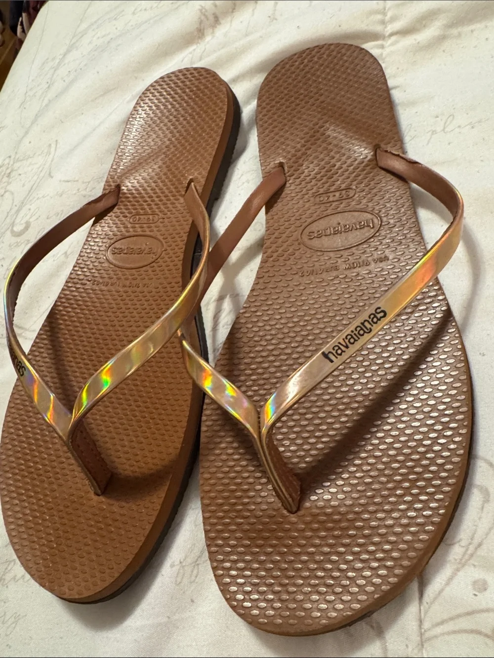 Havaianas Women's Brown Flip Flops with Iridescent Gold Straps